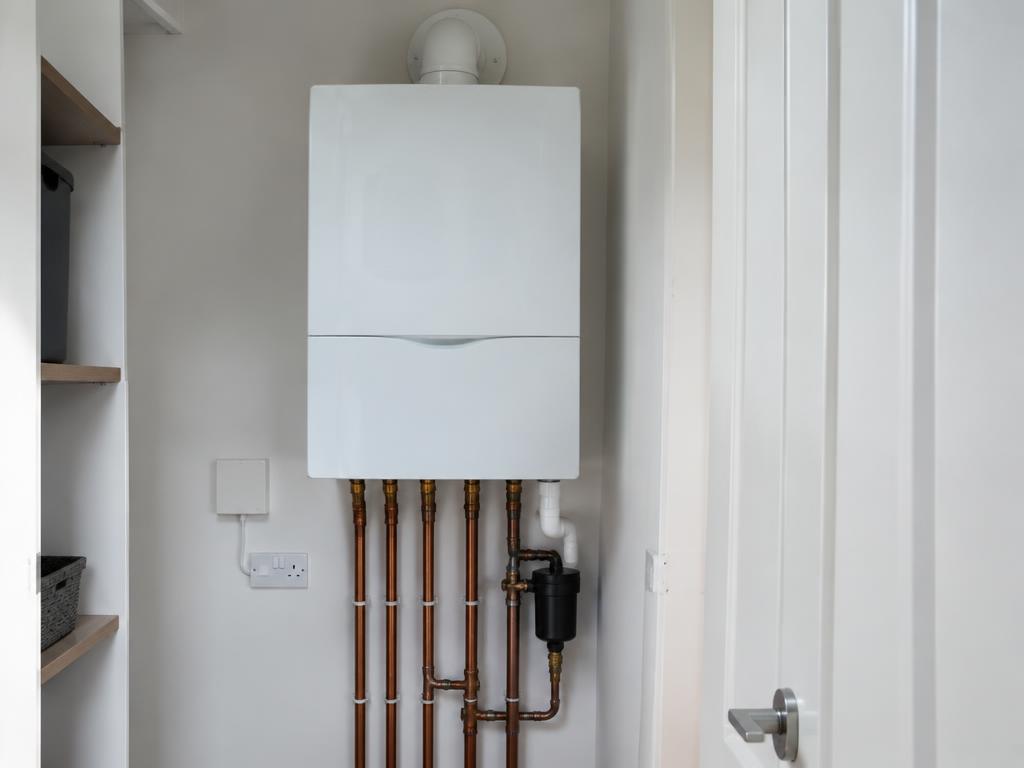 A modern wall-mounted gas boiler with neat copper pipework