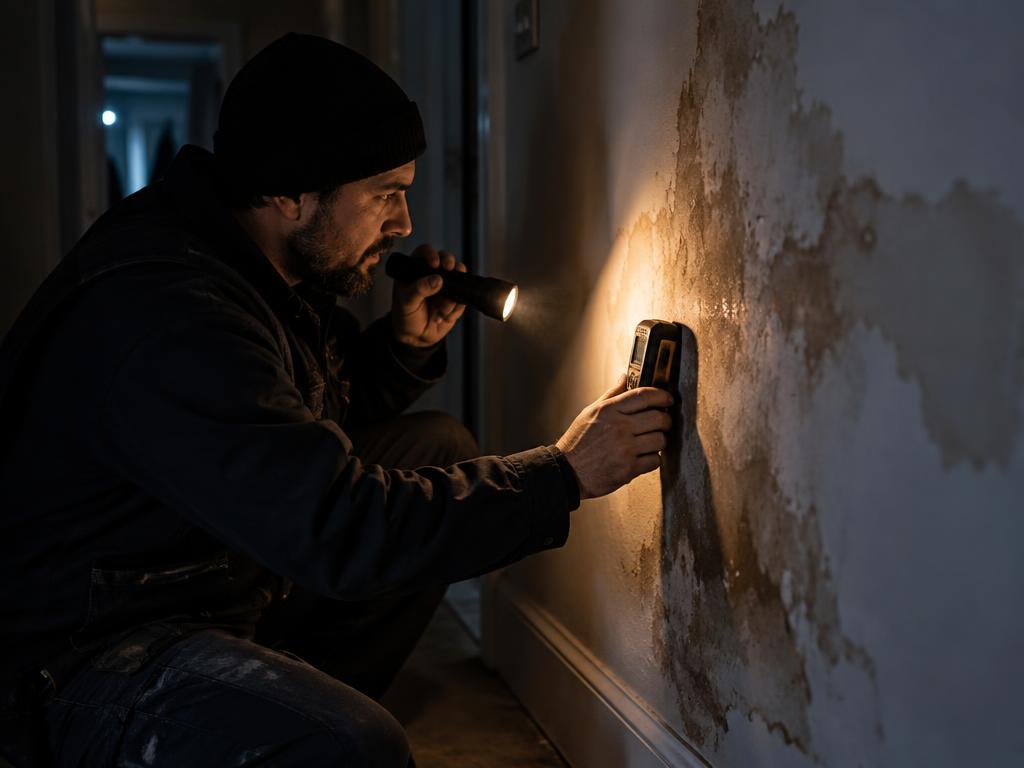 Moisture meter held against a damp wall in a dim hallway