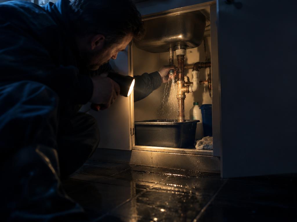 Torch light on a leaking pipe under a kitchen sink at night