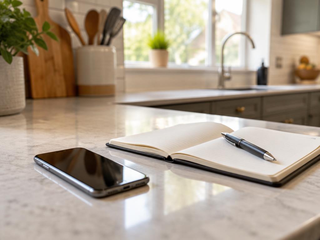 Phone and notebook on a kitchen worktop